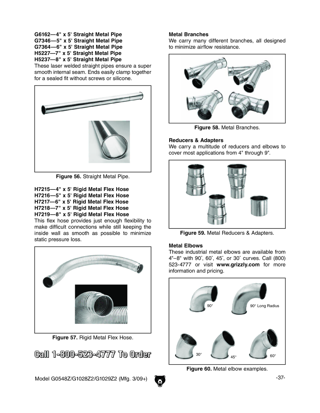 Grizzly G1028Z2, G1029Z2, G0548Z owner manual Metal Branches, Reducers & Adapters, Metal Elbows 