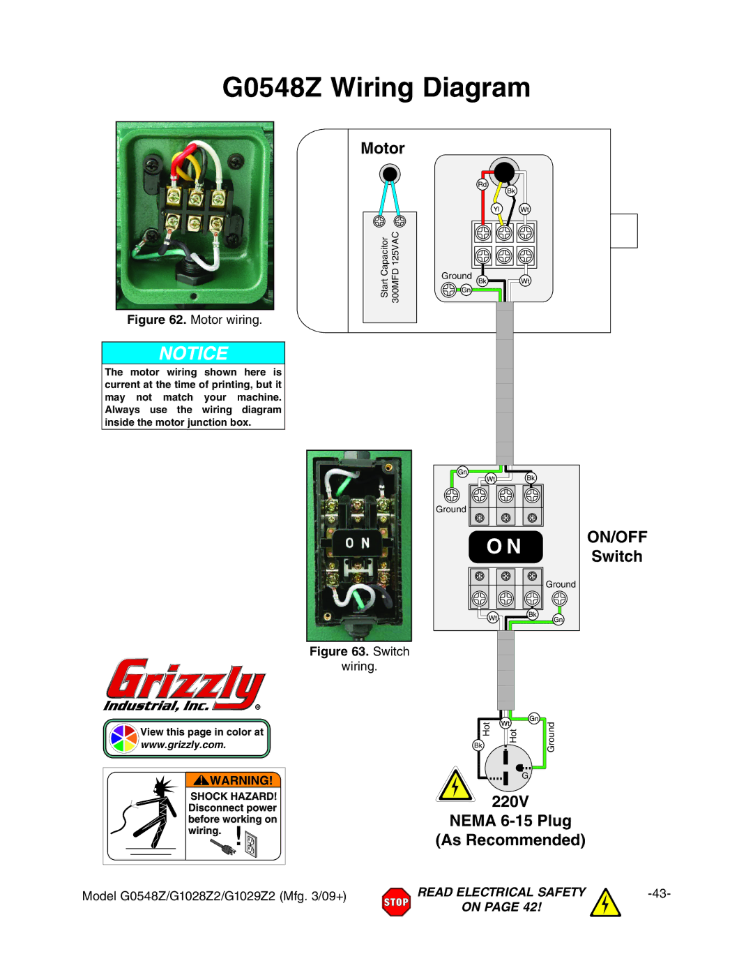 Grizzly G1028Z2, G1029Z2 owner manual G0548Z Wiring Diagram, Motor, Switch, 220V Nema 6-15 Plug As Recommended, Lgc\# 