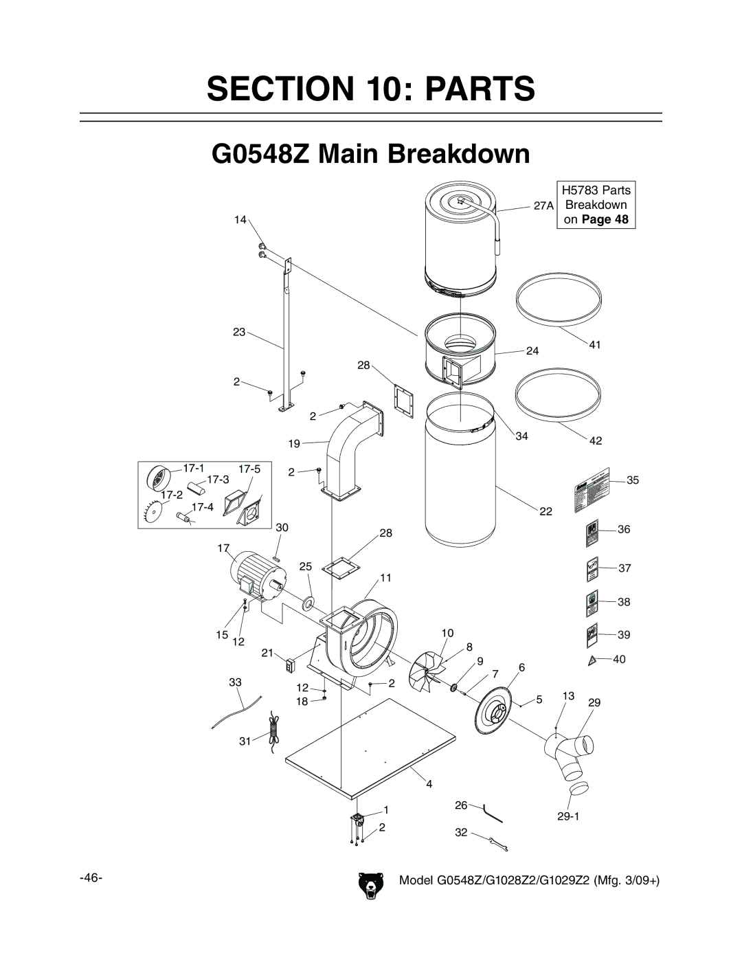 Grizzly G1028Z2, G1029Z2 owner manual Parts, G0548Z Main Breakdown 