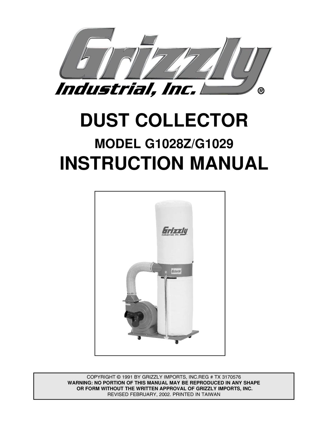 Grizzly instruction manual Dust Collector, Model G1028Z/G1029 