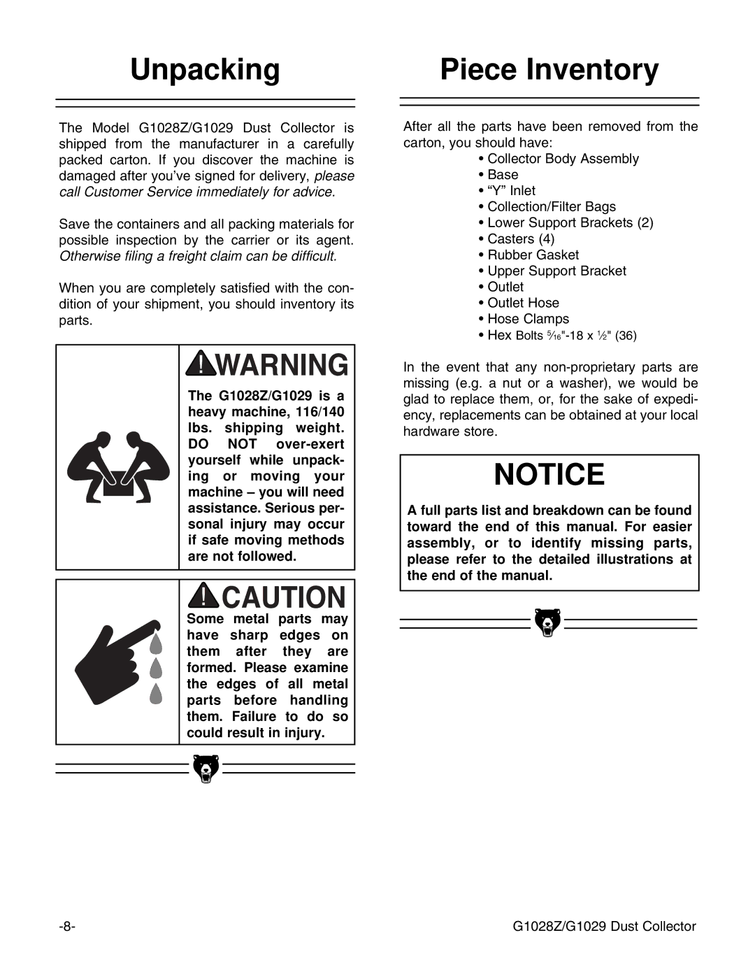 Grizzly G1028Z/G1029 instruction manual Unpacking, Piece Inventory 