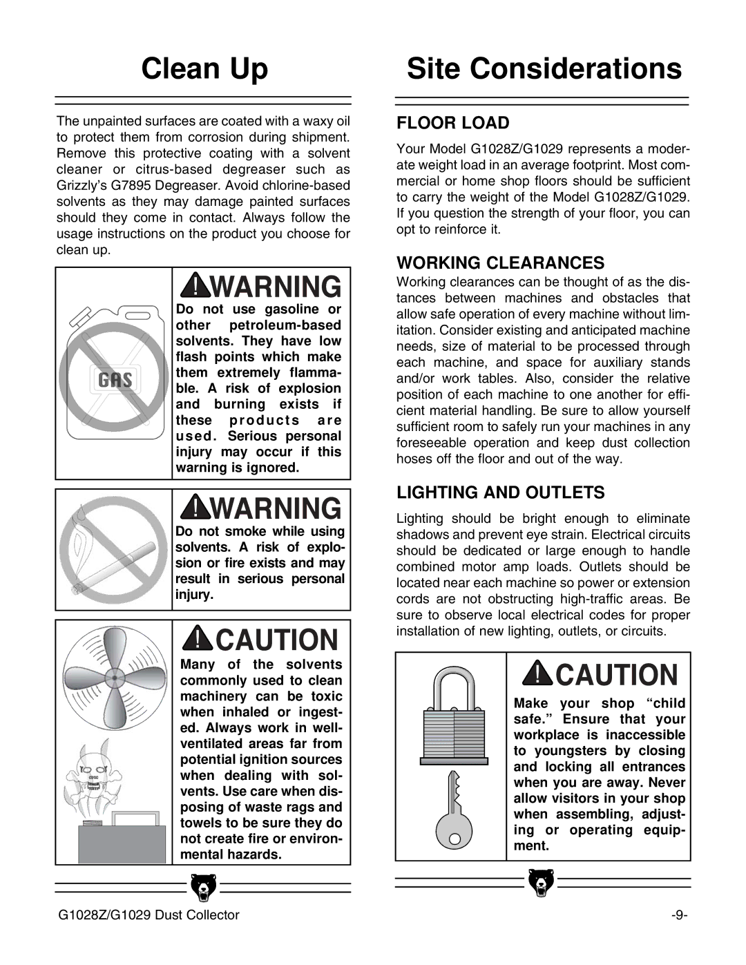 Grizzly G1028Z/G1029 instruction manual Clean Up, Site Considerations 