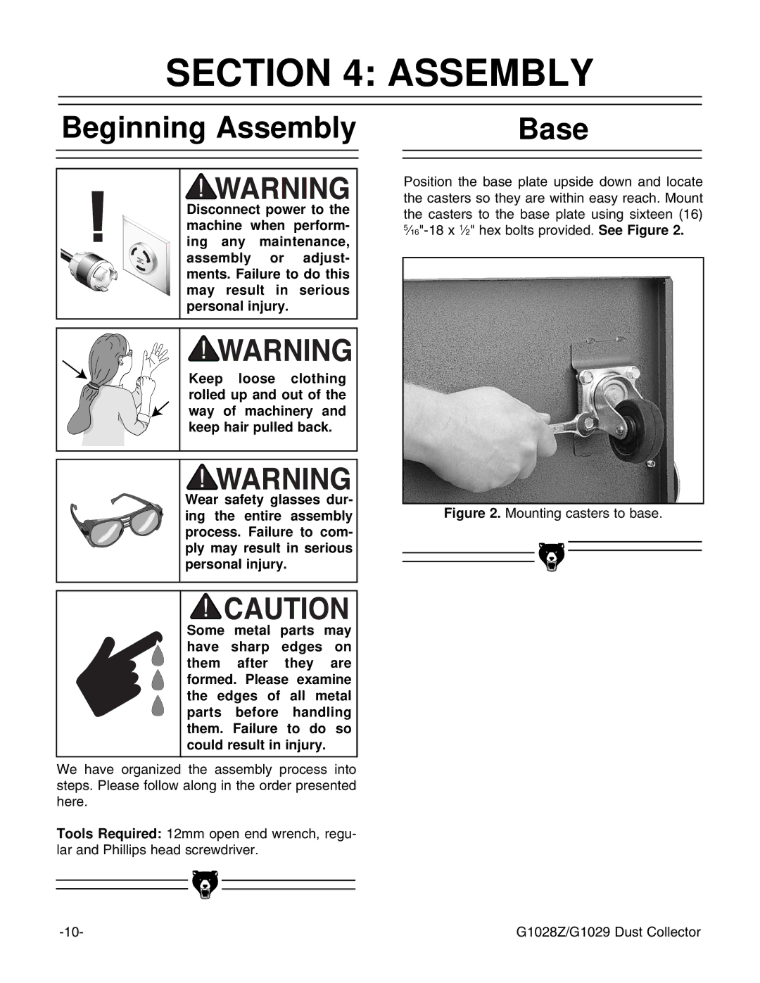 Grizzly G1028Z/G1029 instruction manual Beginning Assembly Base 