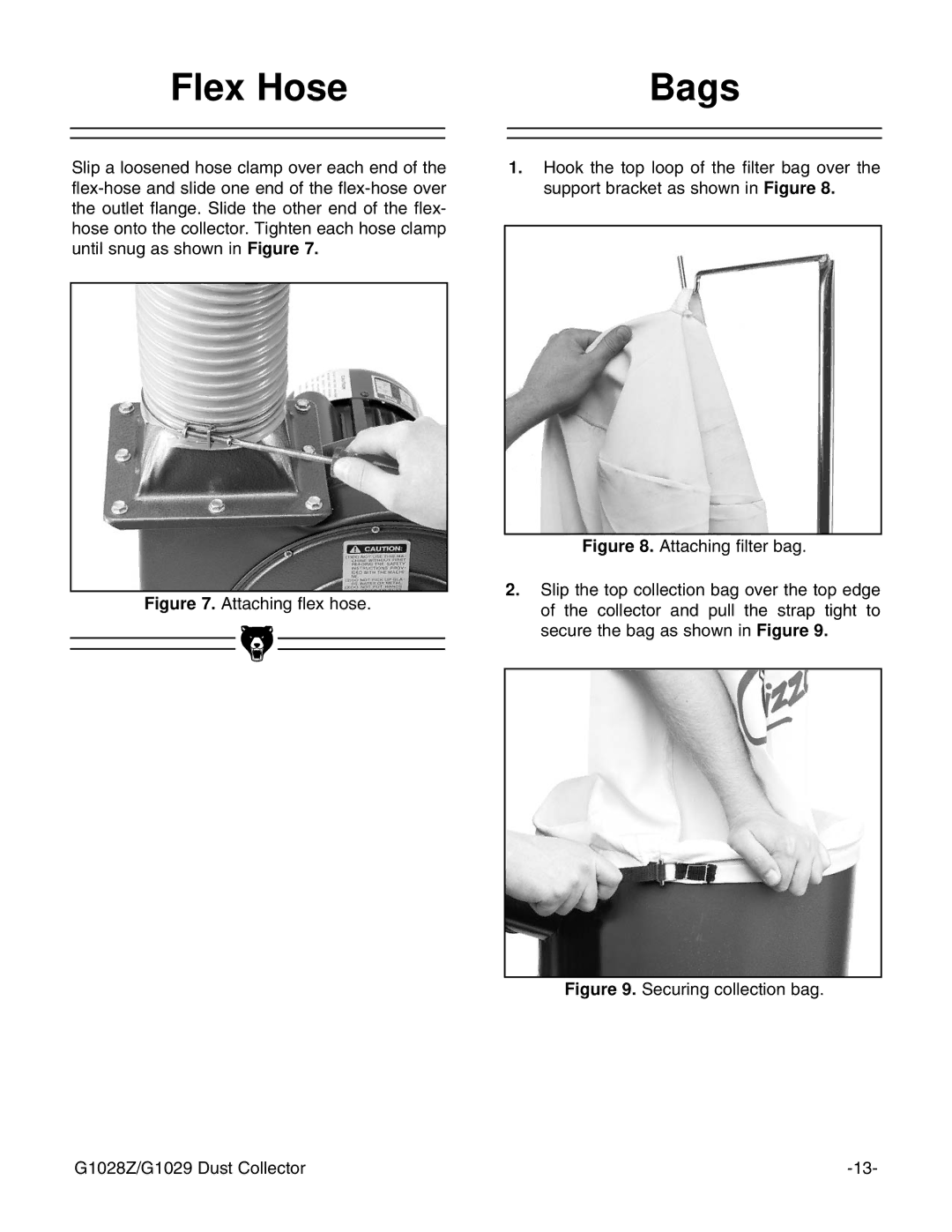 Grizzly instruction manual Flex Hose Bags, Securing collection bag G1028Z/G1029 Dust Collector 