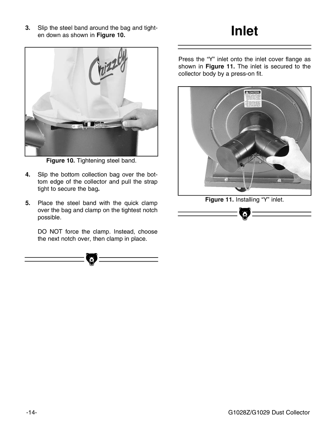 Grizzly instruction manual Inlet, Installing Y inlet G1028Z/G1029 Dust Collector 