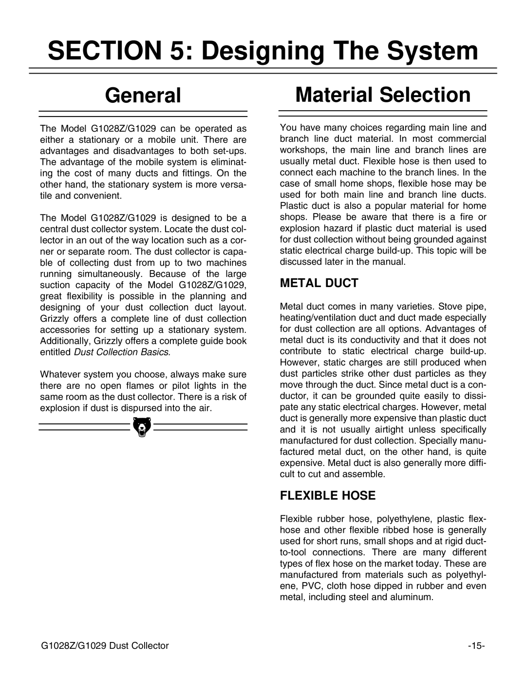 Grizzly G1028Z/G1029 instruction manual General, Material Selection 