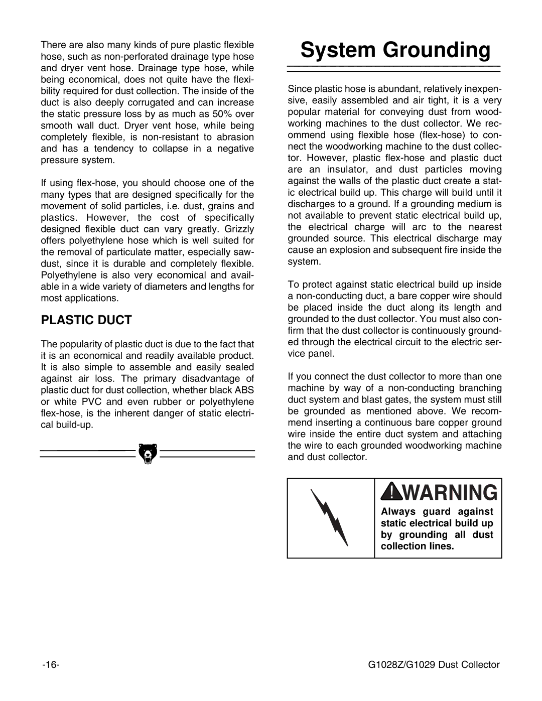 Grizzly G1028Z/G1029 instruction manual System Grounding, Plastic Duct 