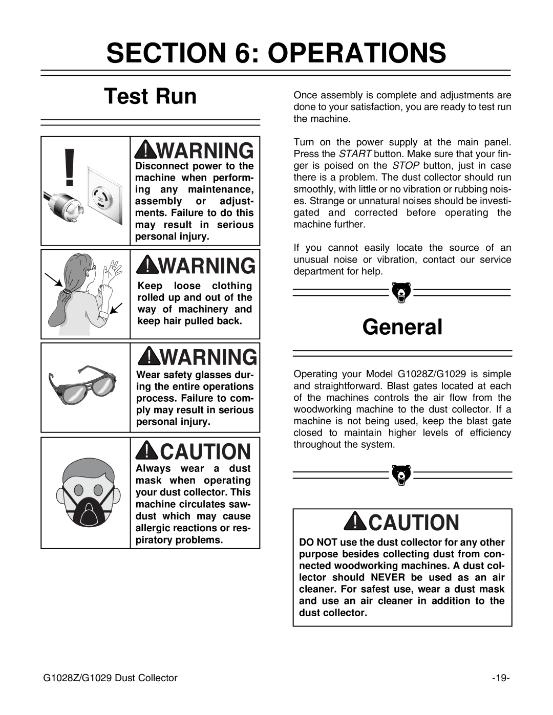 Grizzly G1028Z/G1029 instruction manual Operations, Test Run 