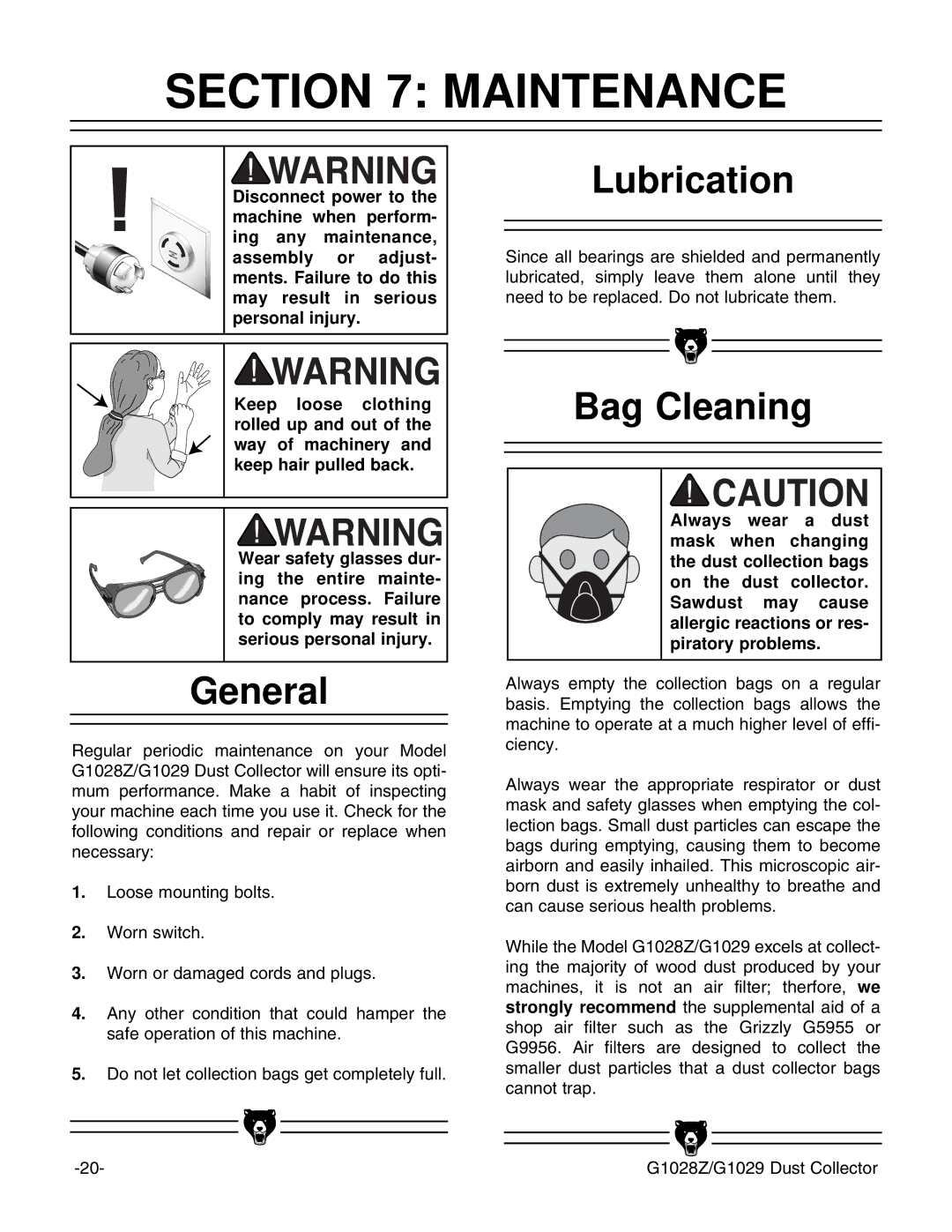 Grizzly G1028Z/G1029 instruction manual Maintenance, Lubrication, Bag Cleaning 