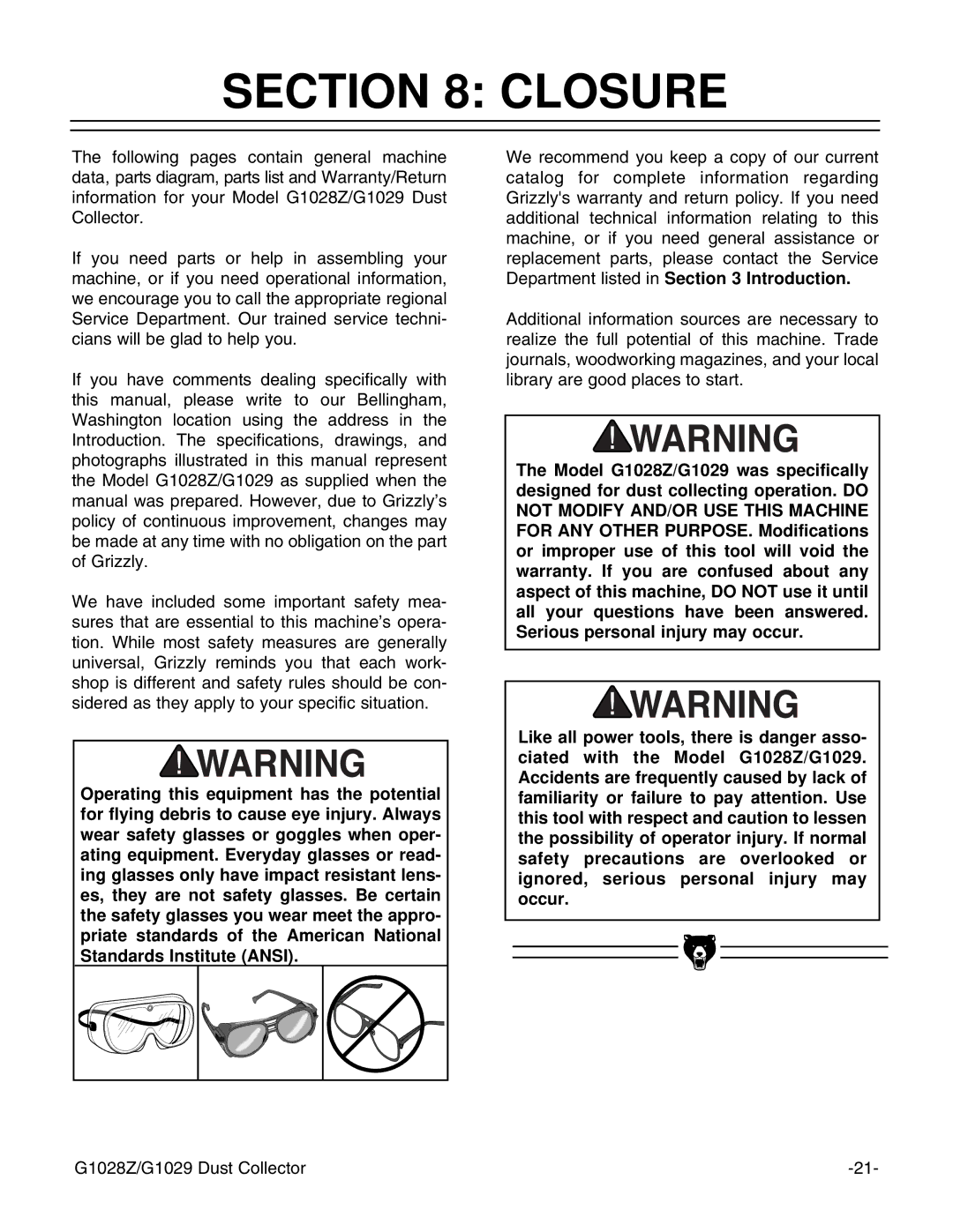 Grizzly G1028Z/G1029 instruction manual Closure 