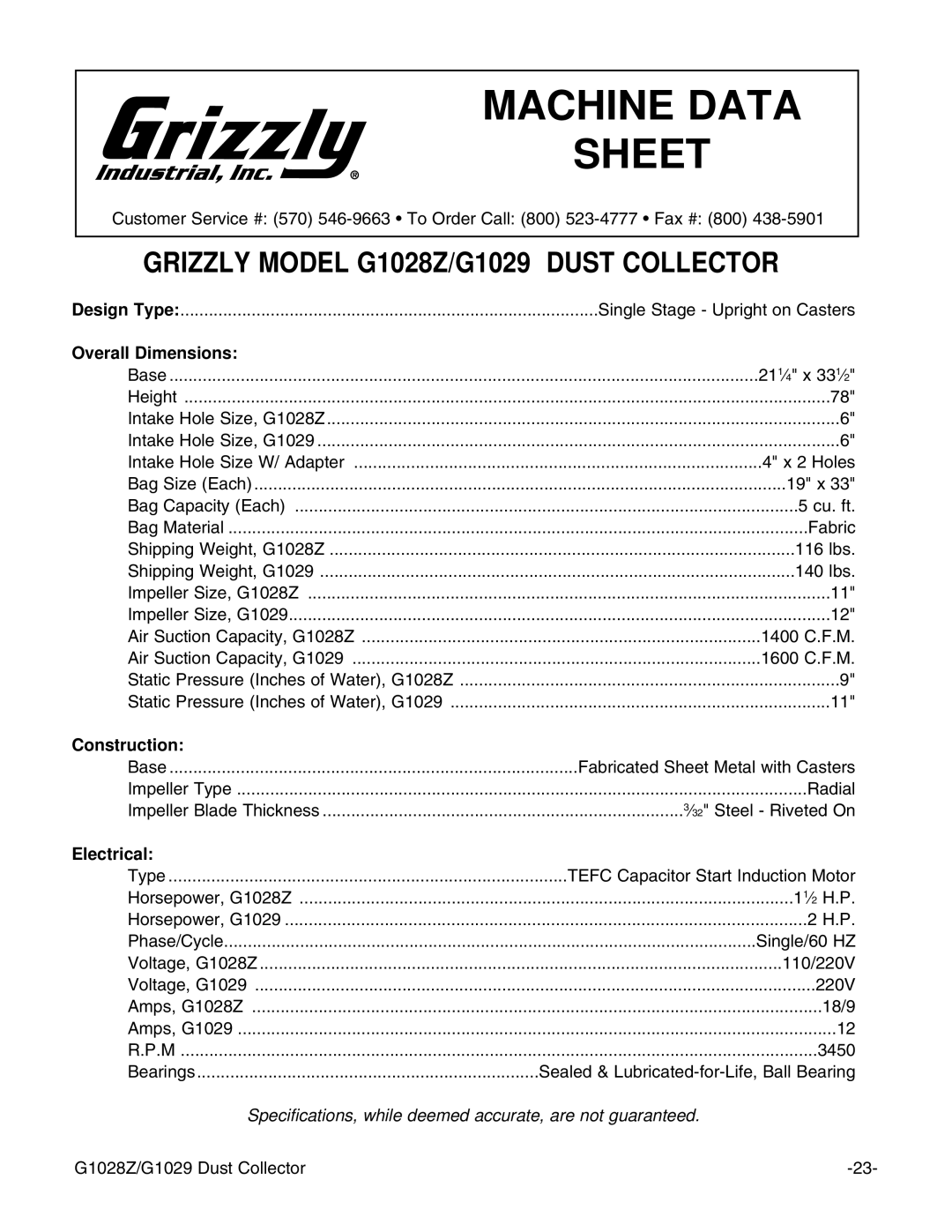 Grizzly G1028Z/G1029 instruction manual Machine Data Sheet 