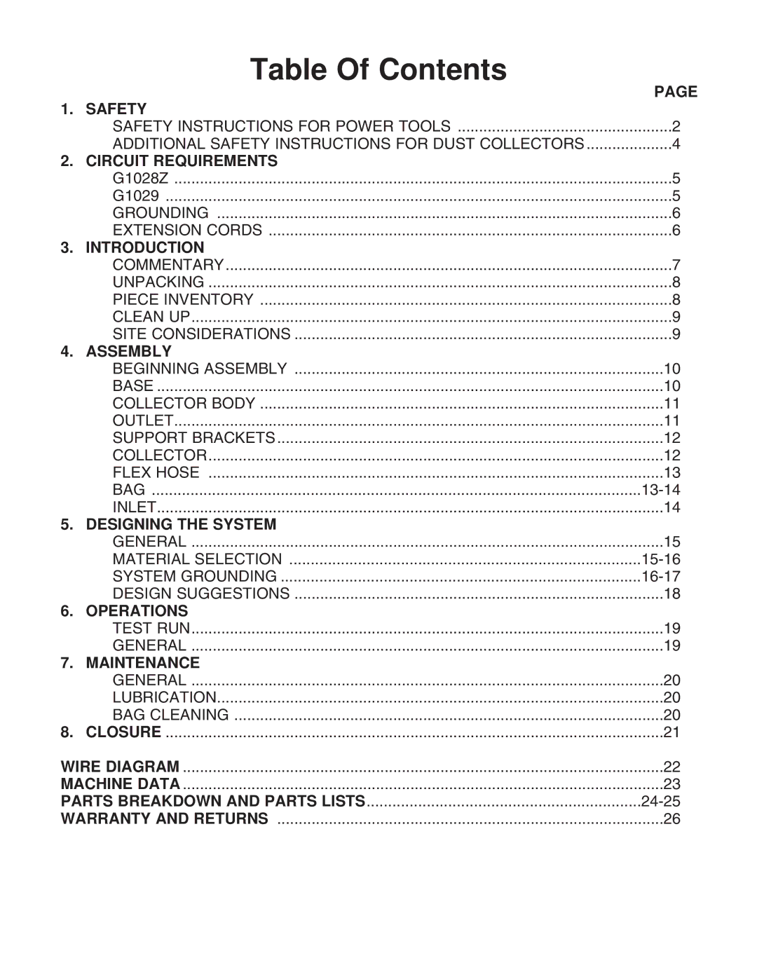 Grizzly G1028Z/G1029 instruction manual Table Of Contents 