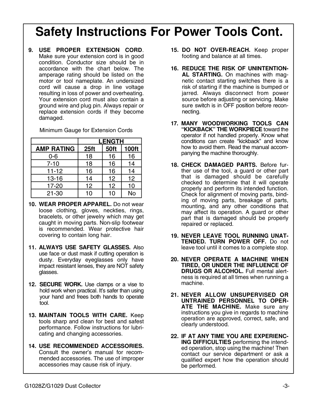 Grizzly G1028Z/G1029 instruction manual Length AMP Rating 