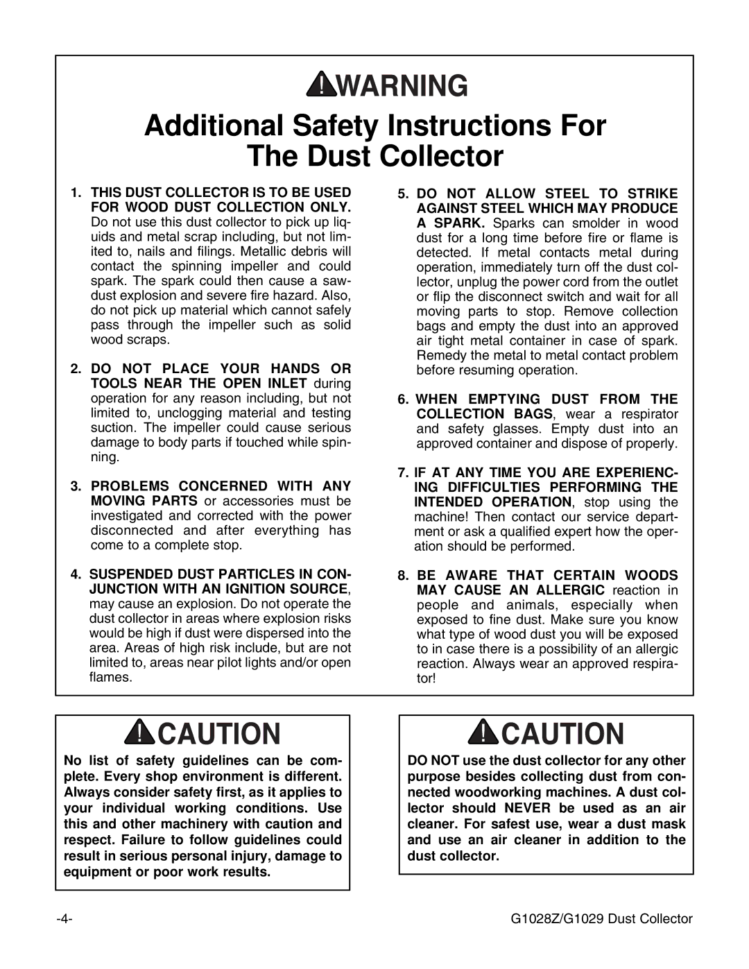 Grizzly G1028Z/G1029 instruction manual Additional Safety Instructions For Dust Collector 