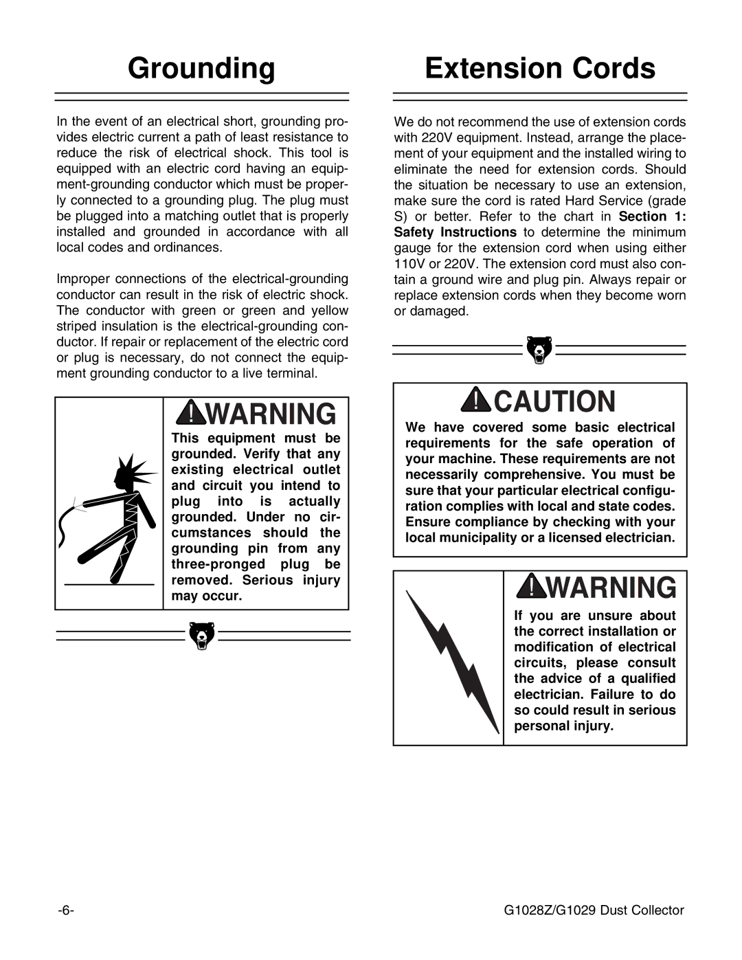 Grizzly G1028Z/G1029 instruction manual Grounding Extension Cords 