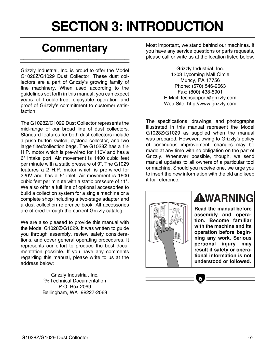 Grizzly G1028Z/G1029 instruction manual Introduction, Commentary 