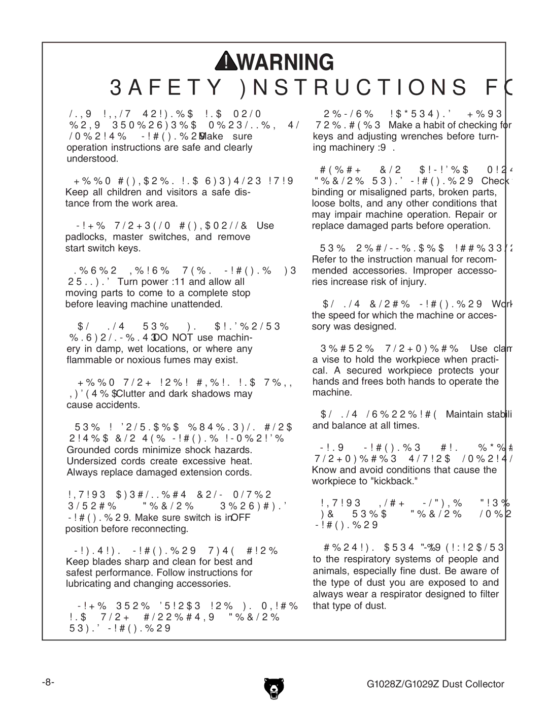 Grizzly owner manual G1028Z/G1029Z Dust Collector 