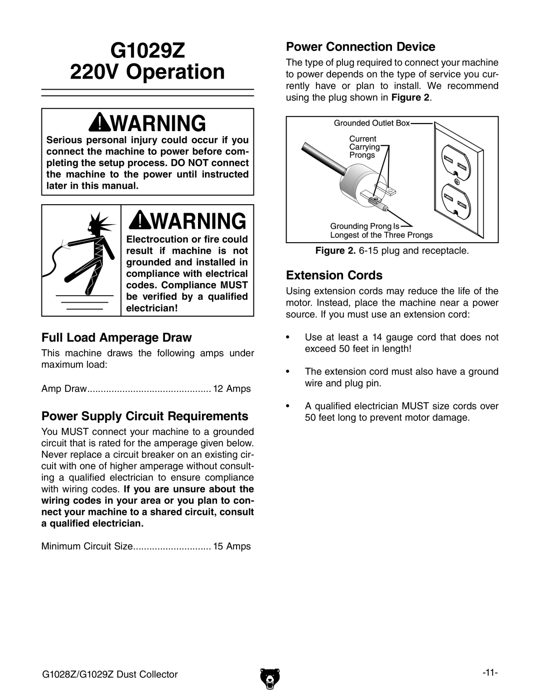 Grizzly G1028Z/G1029Z owner manual G1029Z 220V Operation, plug and receptacle 