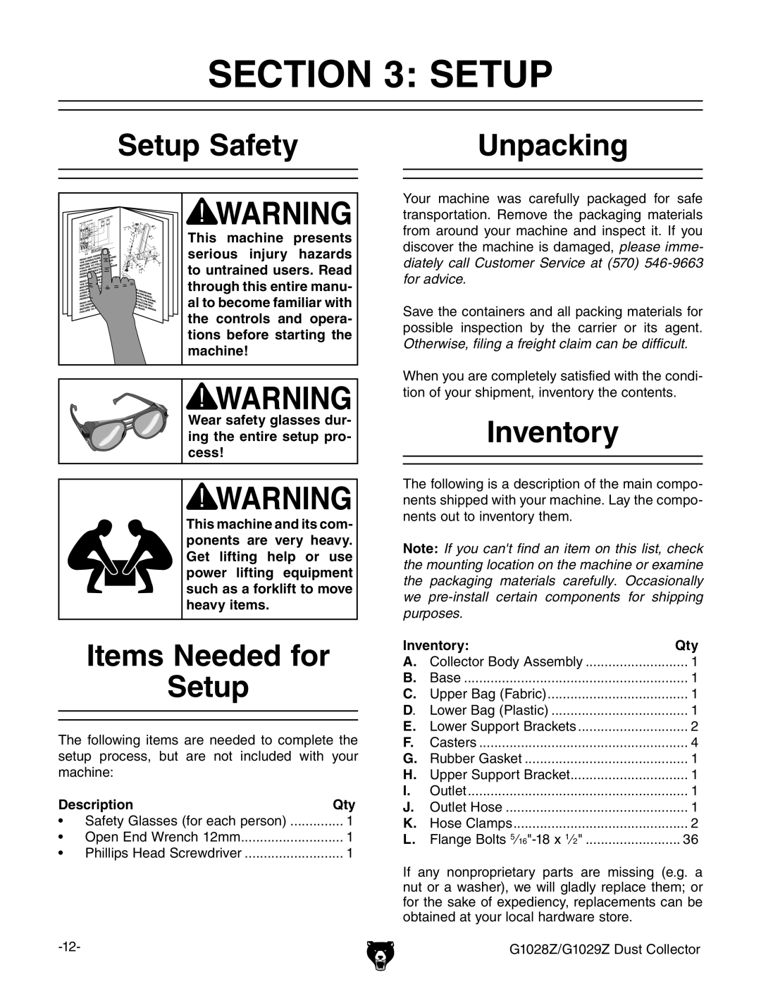 Grizzly G1028Z/G1029Z owner manual Setup Safety Unpacking, Items Needed for Setup, Inventory 