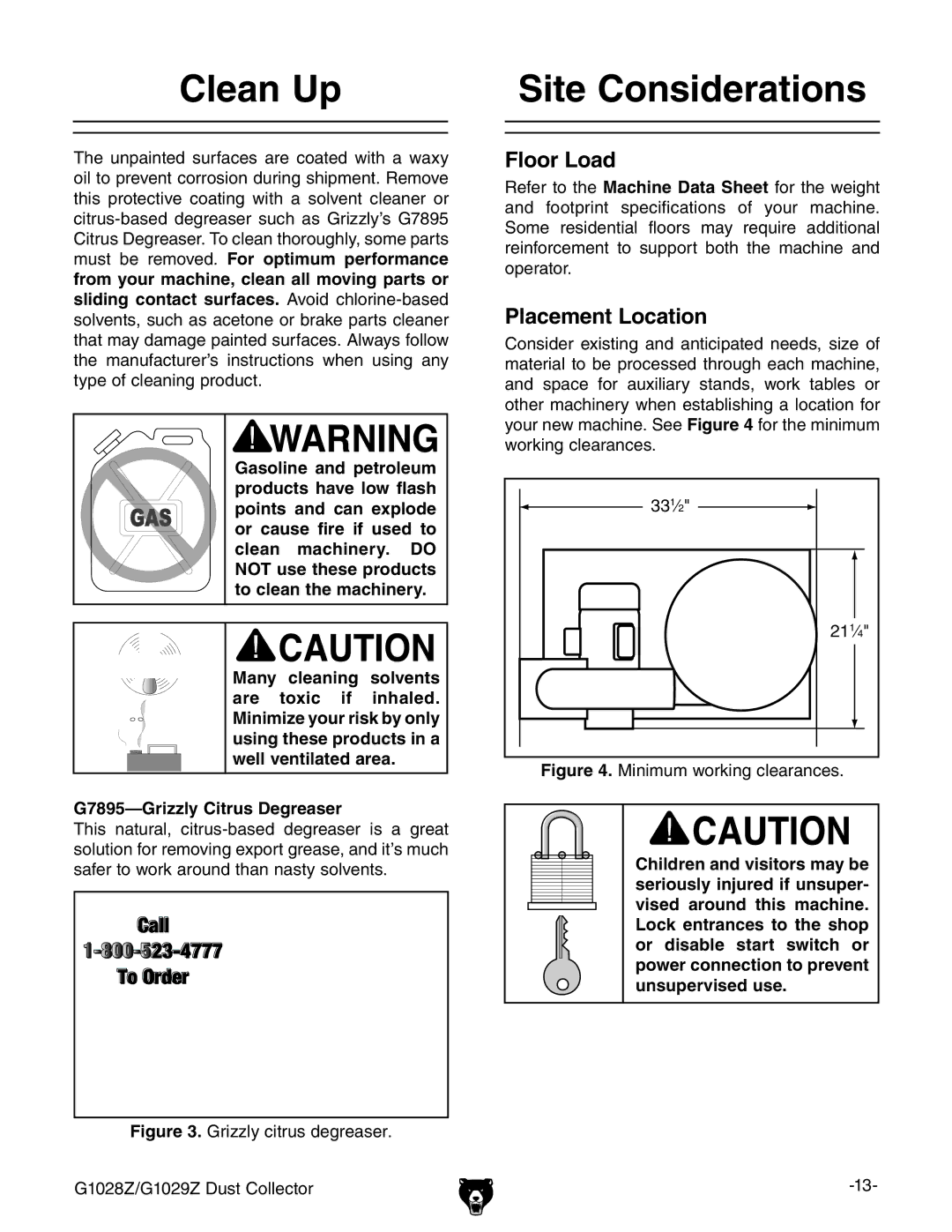 Grizzly G1028Z/G1029Z Clean Up, Site Considerations, Floor Load, Placement Location, G7895-Grizzly Citrus Degreaser 