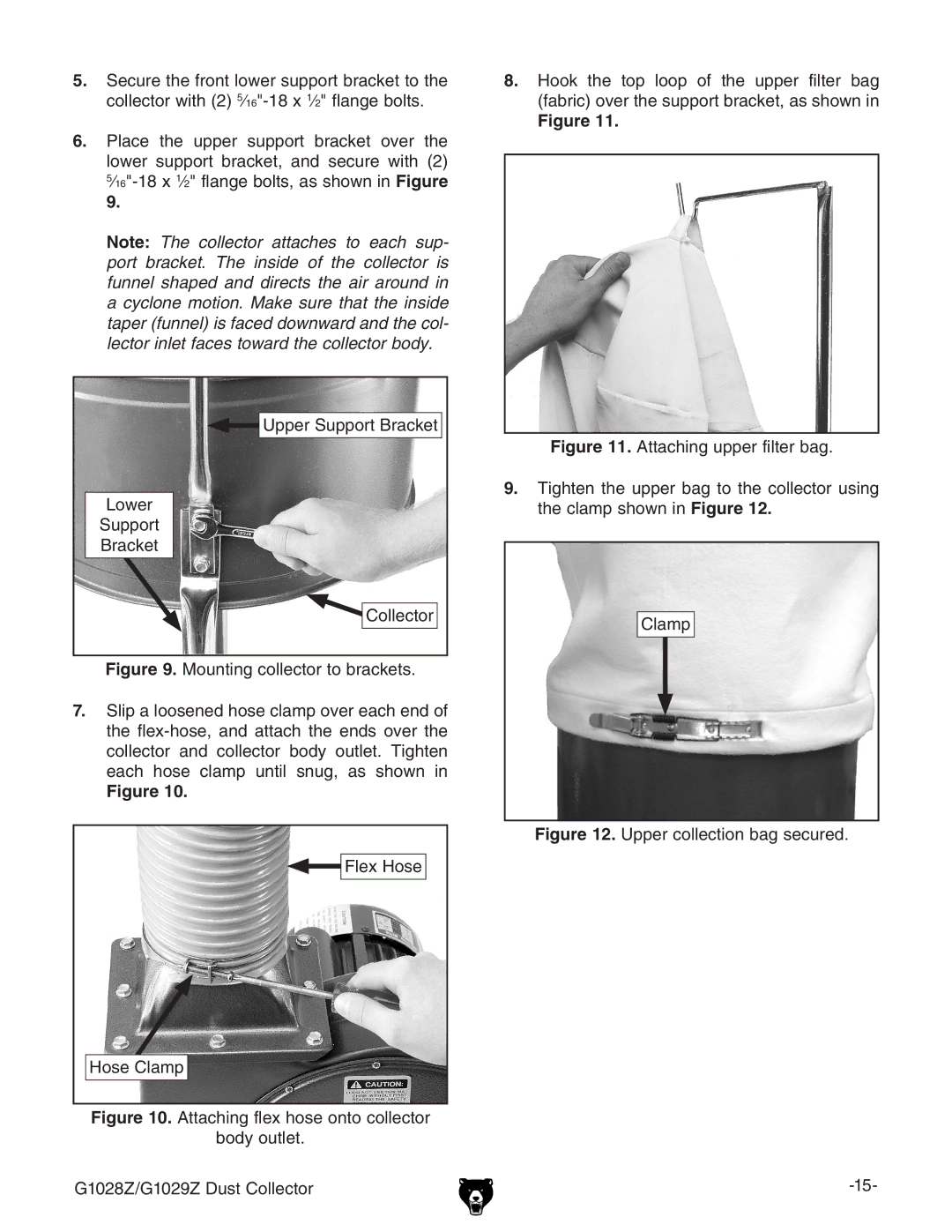 Grizzly G1028Z/G1029Z owner manual Upper collection bag secured 