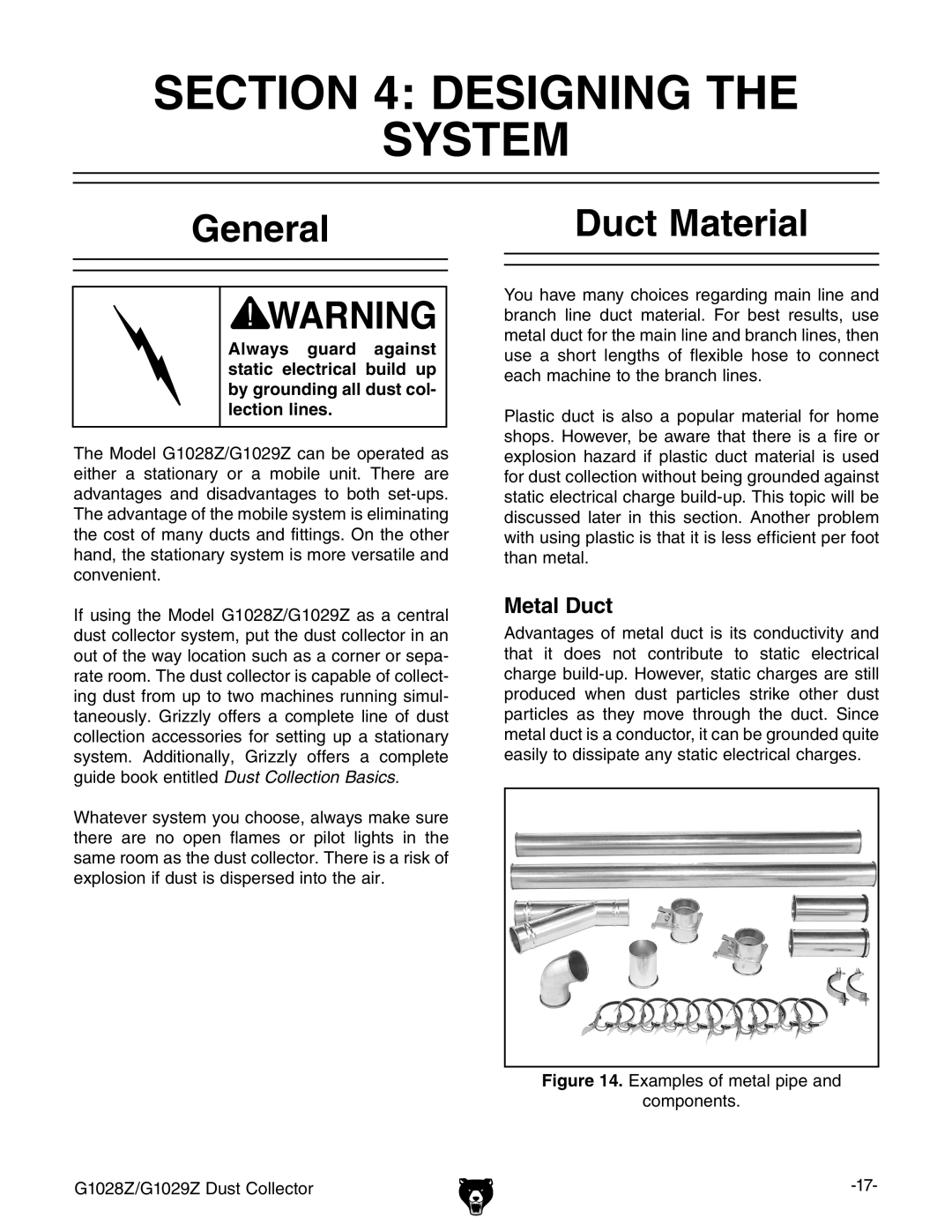 Grizzly G1028Z/G1029Z owner manual Designing System, General Duct Material, Metal Duct 