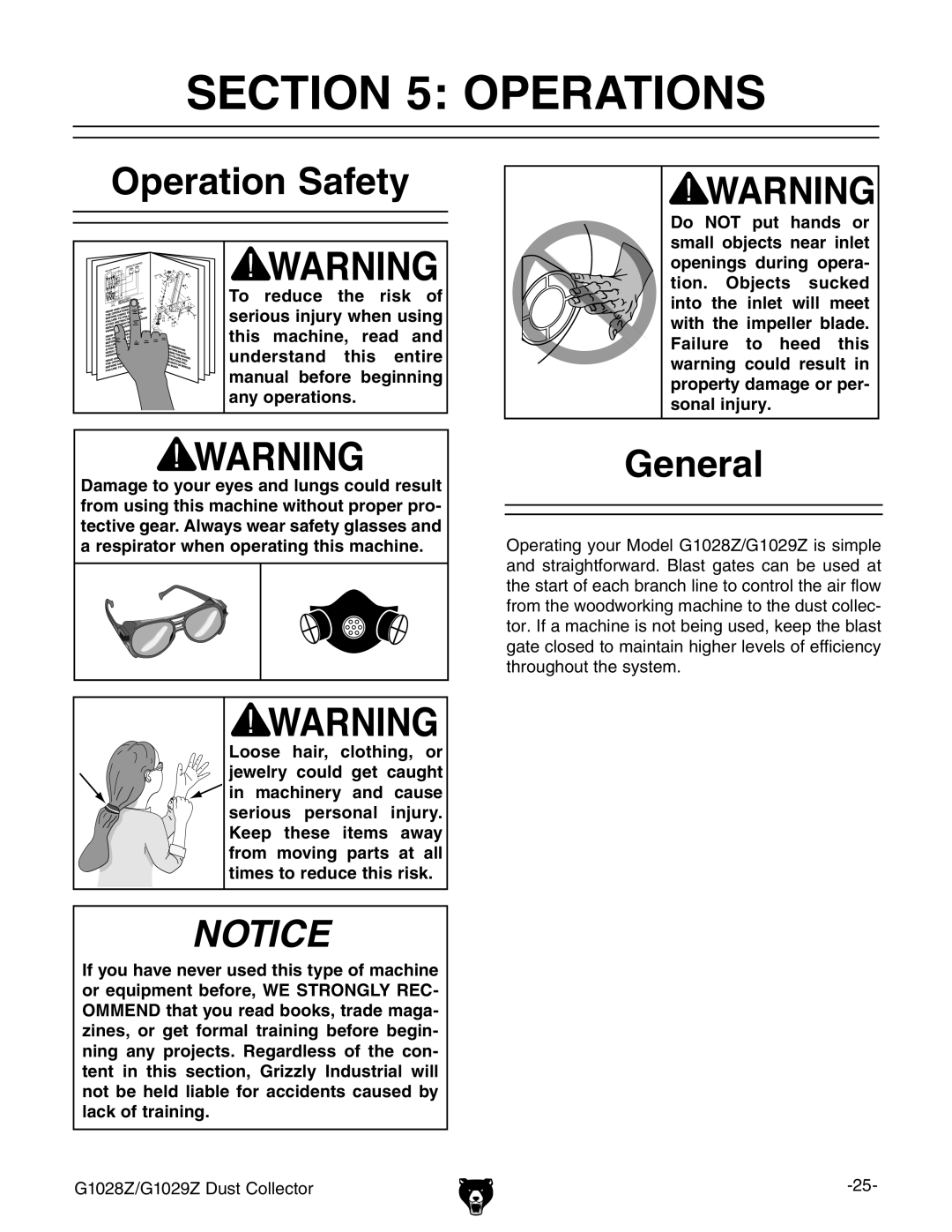 Grizzly G1028Z/G1029Z owner manual Operations, Operation Safety, General 