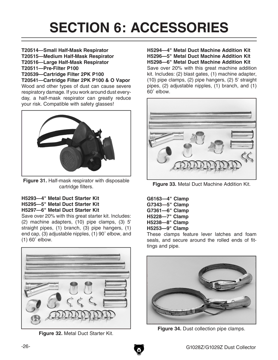 Grizzly G1028Z/G1029Z owner manual Accessories, Half-mask respirator with disposable Cartridge filters 