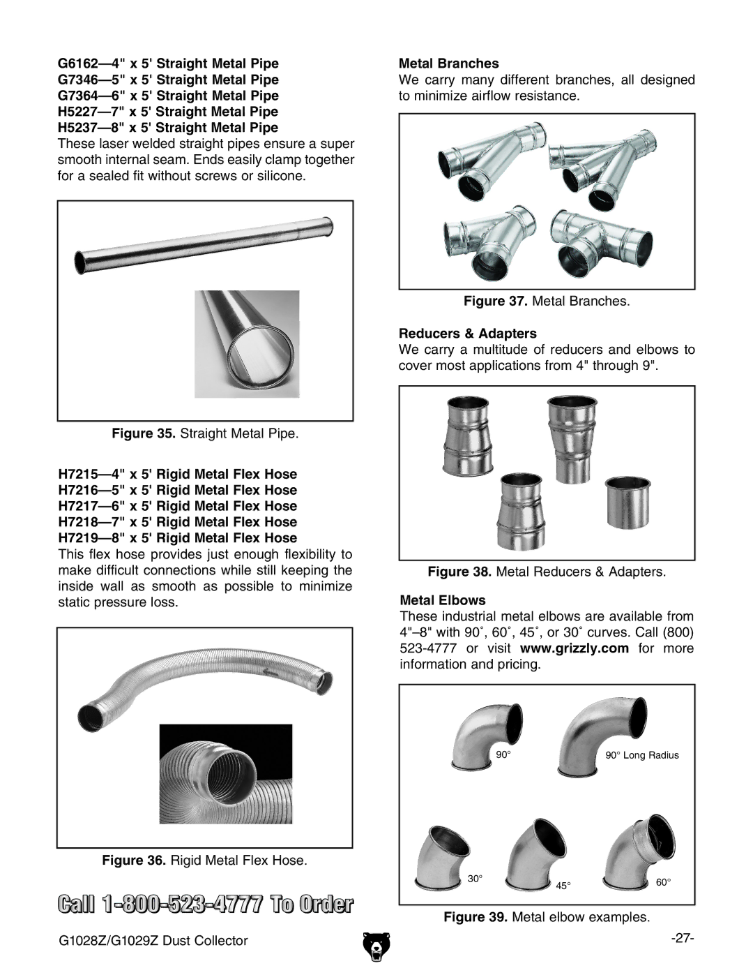 Grizzly G1028Z/G1029Z owner manual Metal Branches, Reducers & Adapters, Metal Elbows 