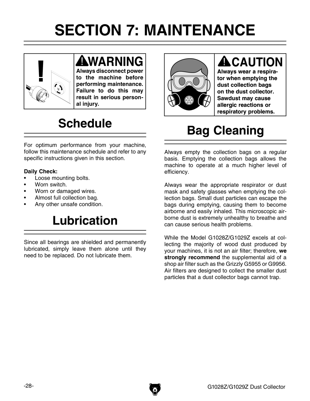 Grizzly G1028Z/G1029Z owner manual Maintenance, Schedule, Lubrication, Bag Cleaning, Daily Check 