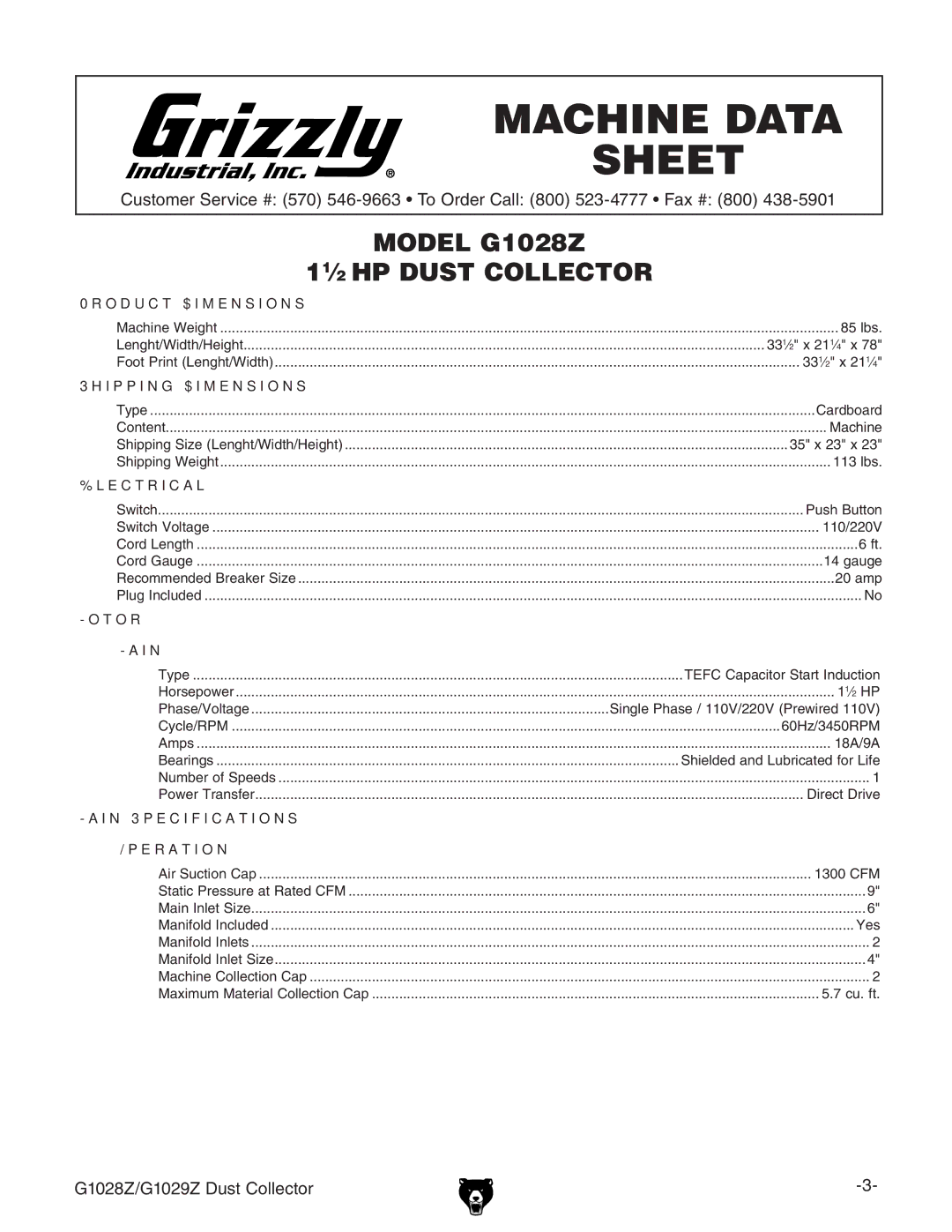 Grizzly G1028Z/G1029Z owner manual Machine Data Sheet 