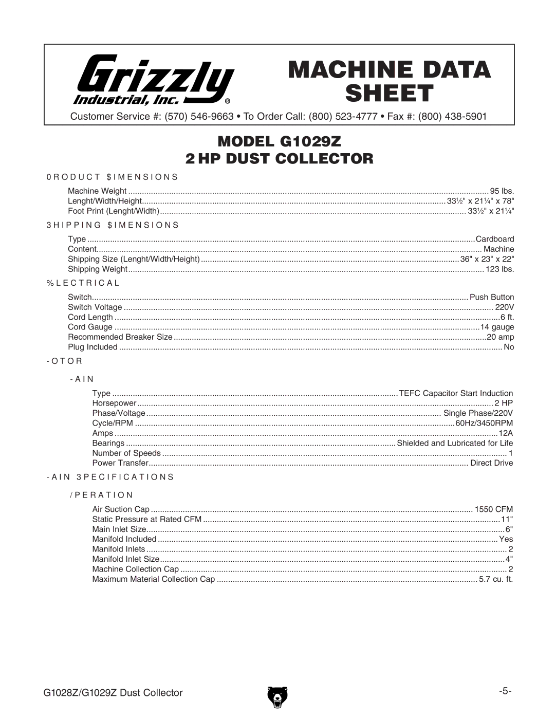 Grizzly G1028Z/G1029Z owner manual Machine Data Sheet 