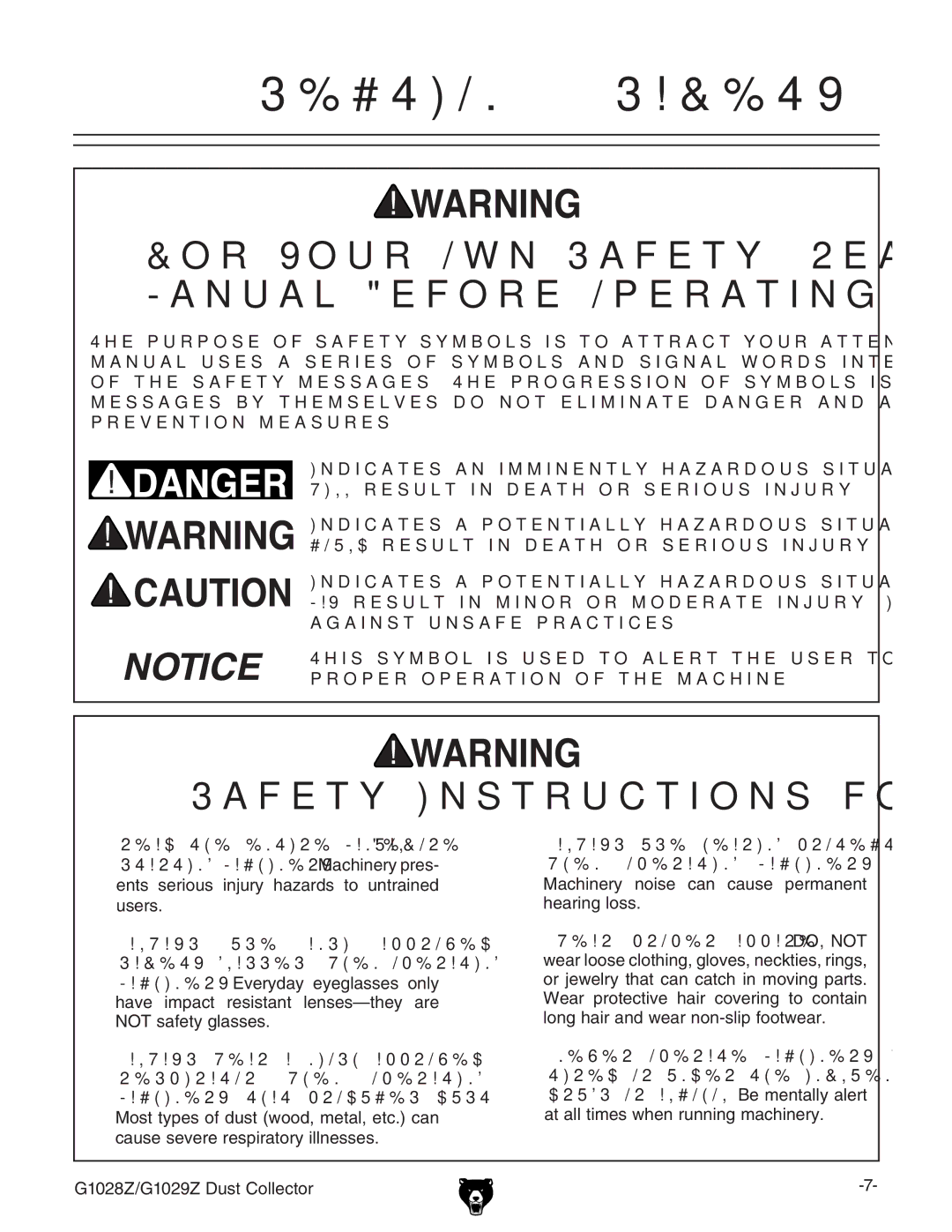 Grizzly G1028Z/G1029Z owner manual Safety Instructions for Machinery 