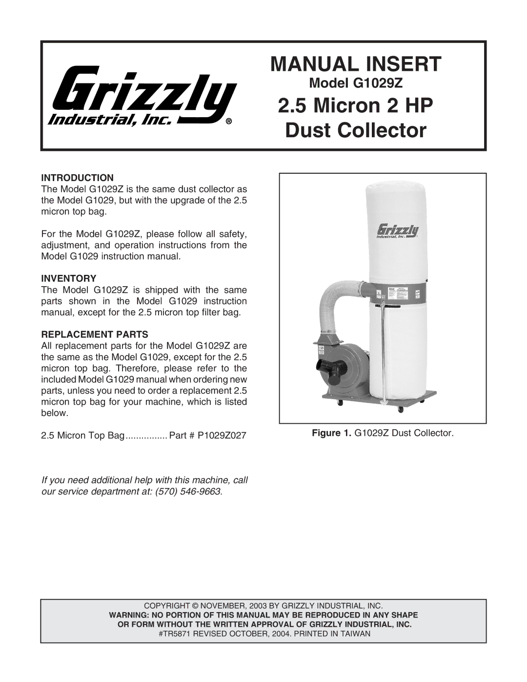 Grizzly G1029Z instruction manual Manual Insert, Micron 2 HP Dust Collector 