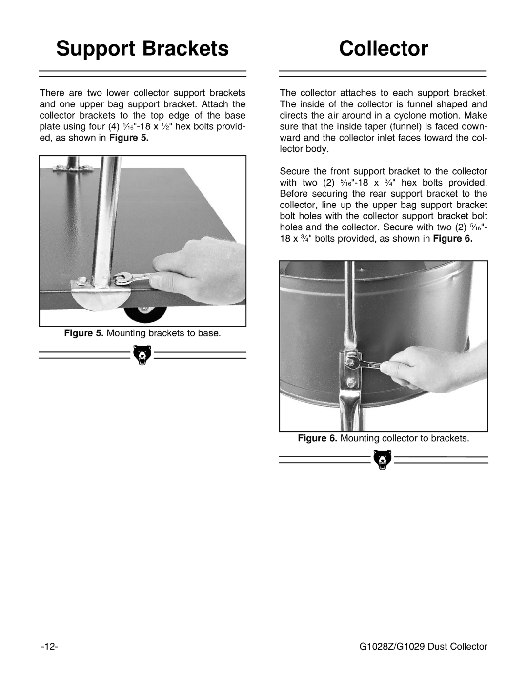 Grizzly G1029Z instruction manual Support Brackets, Collector 