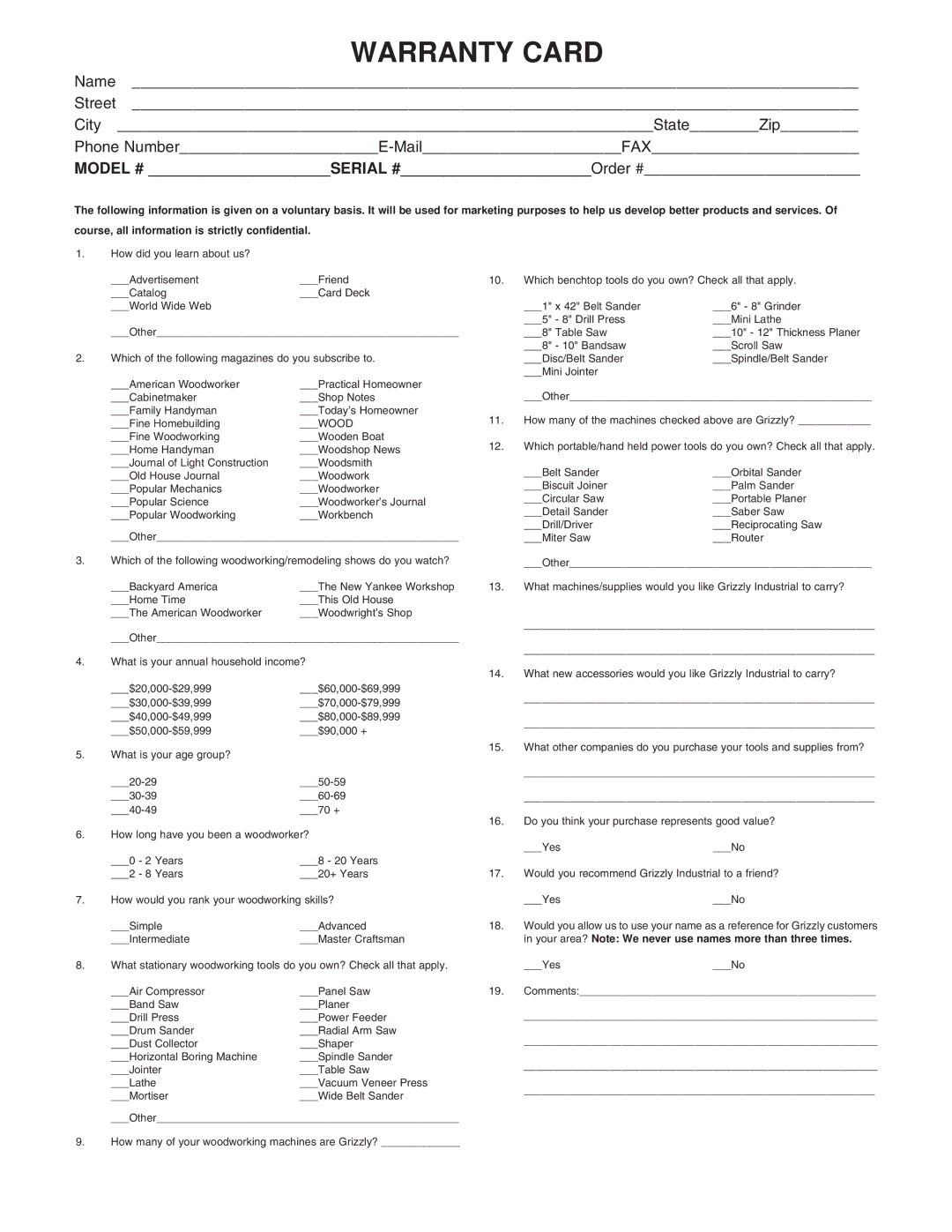 Grizzly G1029Z instruction manual Warranty Card 