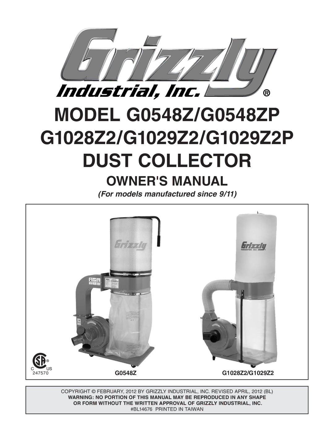 Grizzly G1029Z2P owner manual Dust Collector, G0548Z G1028Z2/G1029Z2 