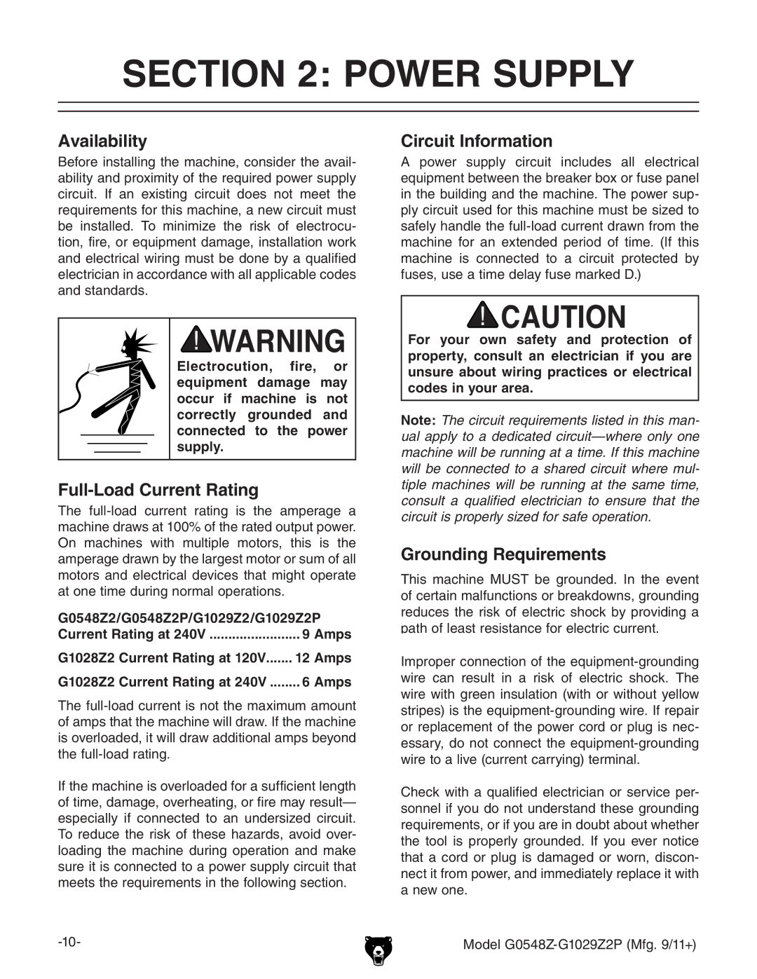 Grizzly G1029Z2P Power Supply, Availability, Full-Load Current Rating, Circuit Information, Grounding Requirements 