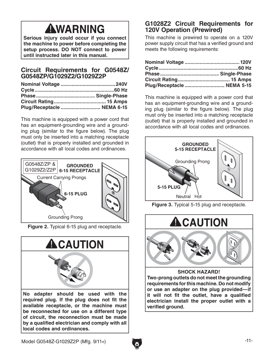 Grizzly owner manual Circuit Requirements for G0548Z/ G0548ZP/G1029Z2/G1029Z2P 