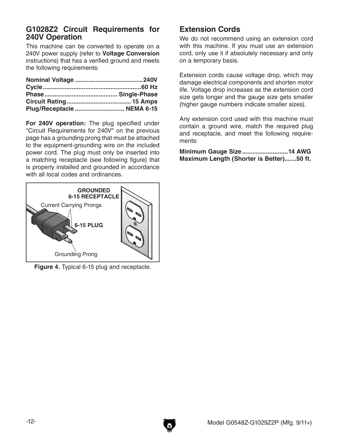 Grizzly G1029Z2P G1028Z2 Circuit Requirements for 240V Operation, Extension Cords, Minimum Gauge Size 14 AWG, 50 ft 