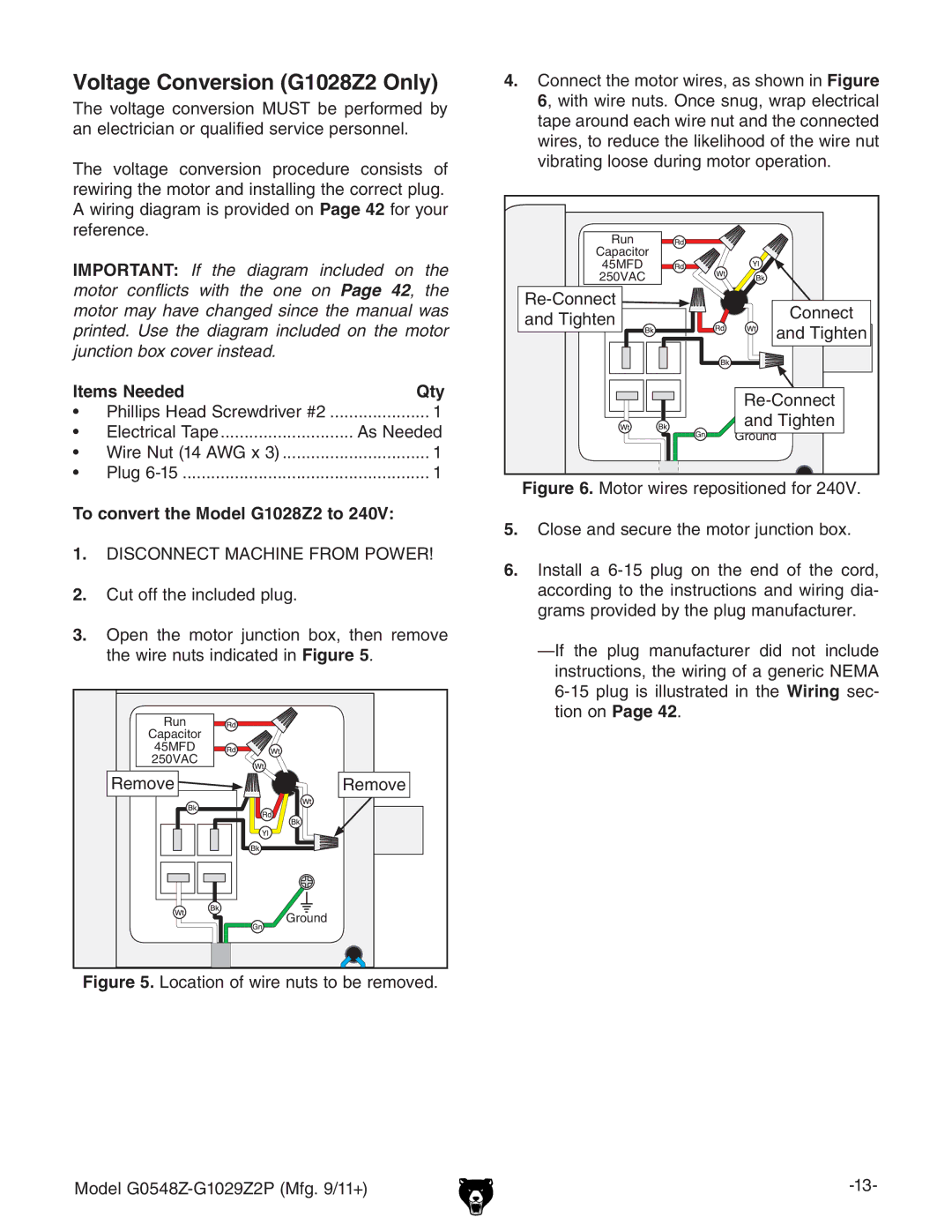 Grizzly G1029Z2P owner manual Voltage Conversion G1028Z2 Only, Items Needed Qty, To convert the Model G1028Z2 to 