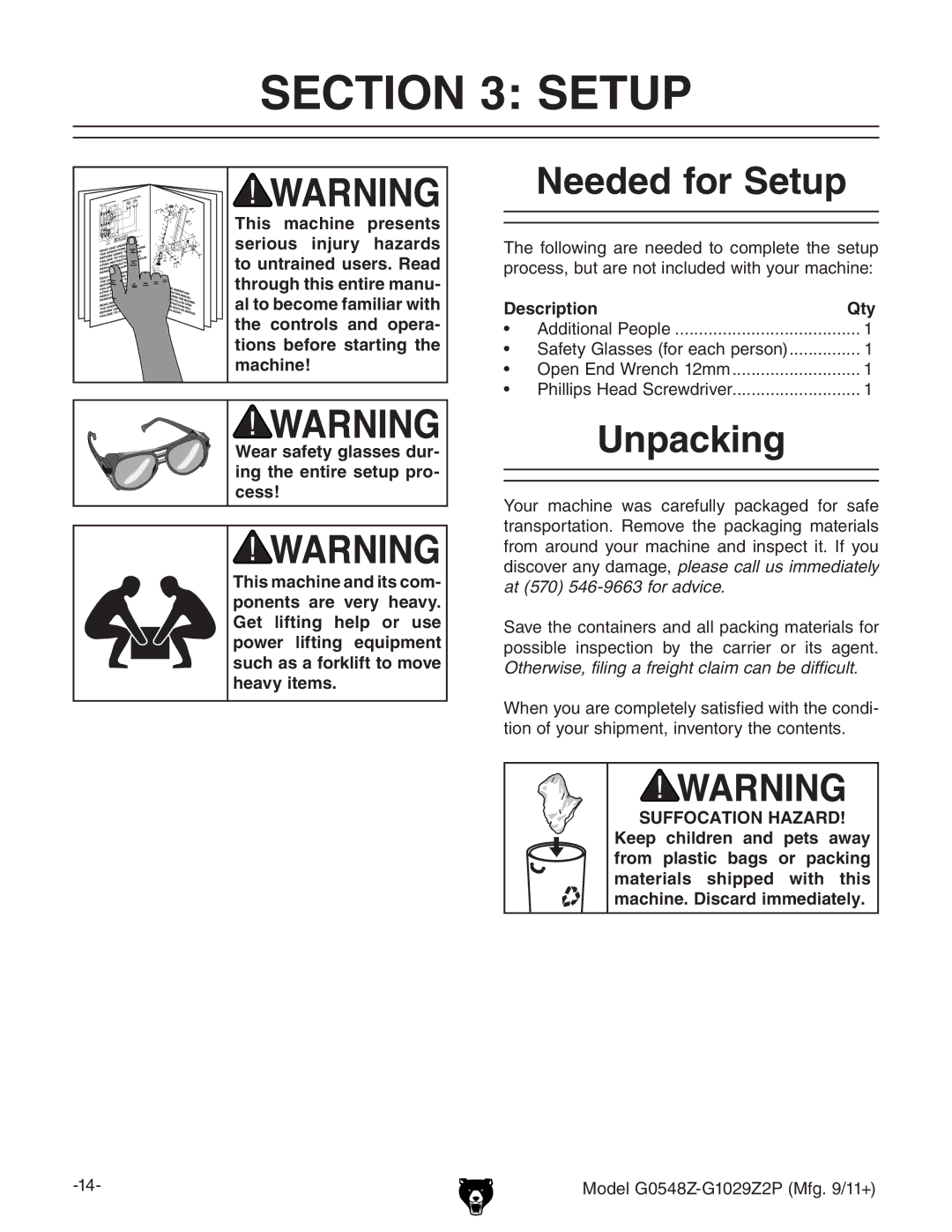 Grizzly G1029Z2P owner manual Needed for Setup, Unpacking, Description Qty 