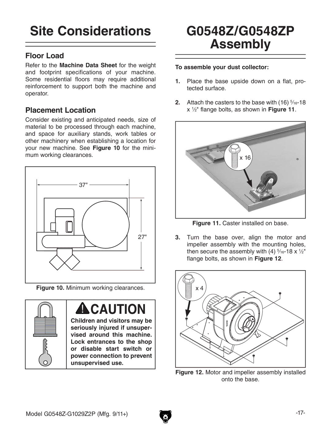 Grizzly G1029Z2P owner manual Site Considerations, G0548Z/G0548ZP Assembly, Floor Load, Placement Location 