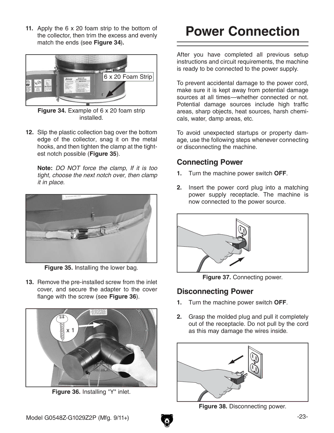 Grizzly G1029Z2P owner manual  Power Connection, Connecting Power, Disconnecting Power,  IjgciZbVXcZedlZghliXOFF# 