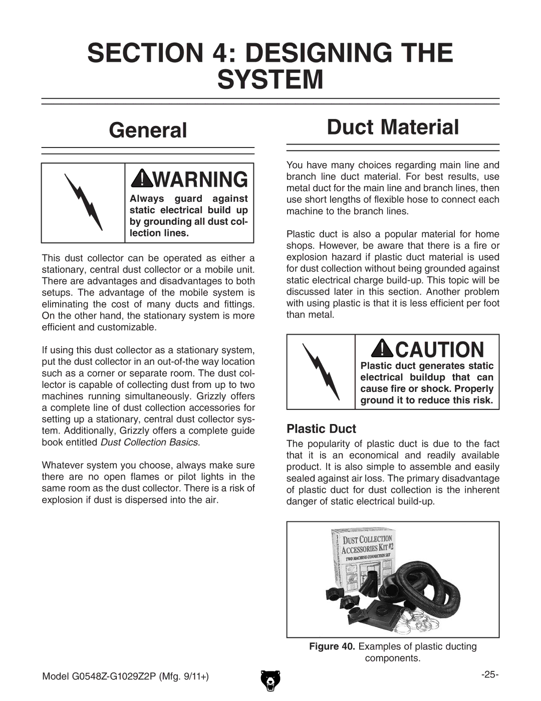 Grizzly G1029Z2P owner manual Designing System, General Duct Material, Plastic Duct 