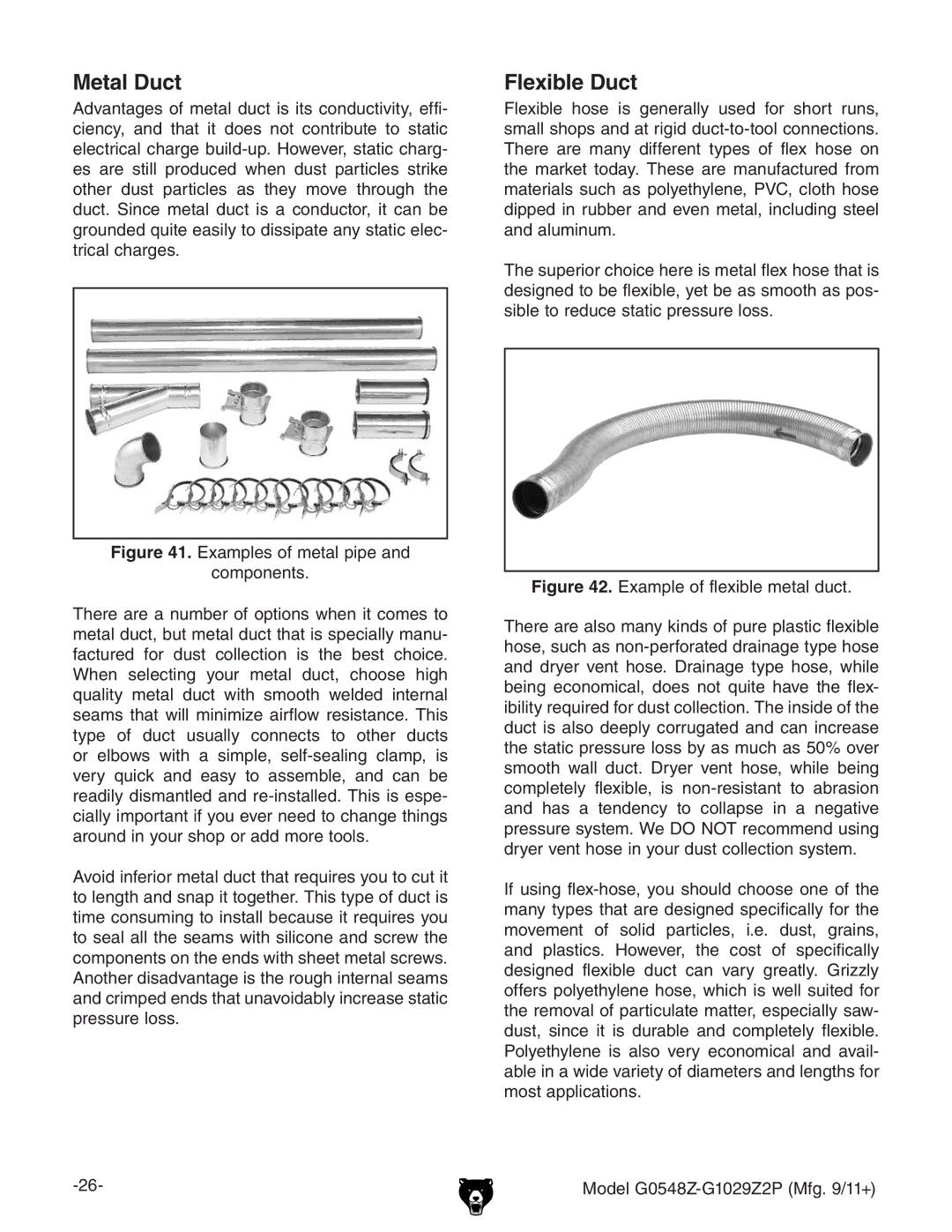 Grizzly G1029Z2P owner manual Metal Duct, Flexible Duct 