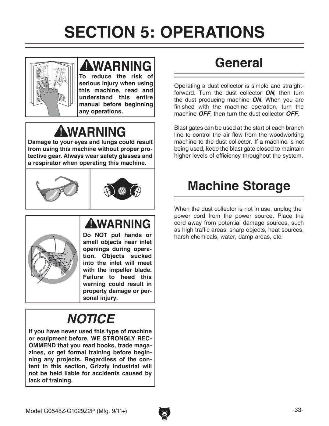 Grizzly G1029Z2P owner manual Operations, General, Machine Storage 