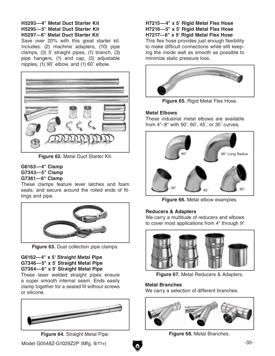 Grizzly G1029Z2P owner manual Metal Elbows, G6163-4 Clamp G7343-5 Clamp G7361-6 Clamp, Reducers & Adapters, Metal Branches 