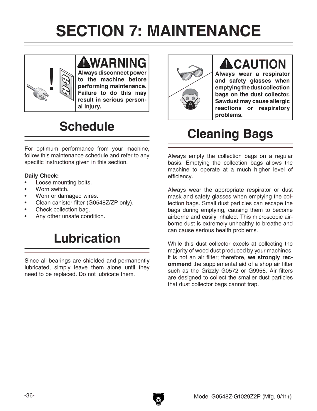 Grizzly G1029Z2P owner manual Maintenance, Schedule, Lubrication, Cleaning Bags, Daily Check 