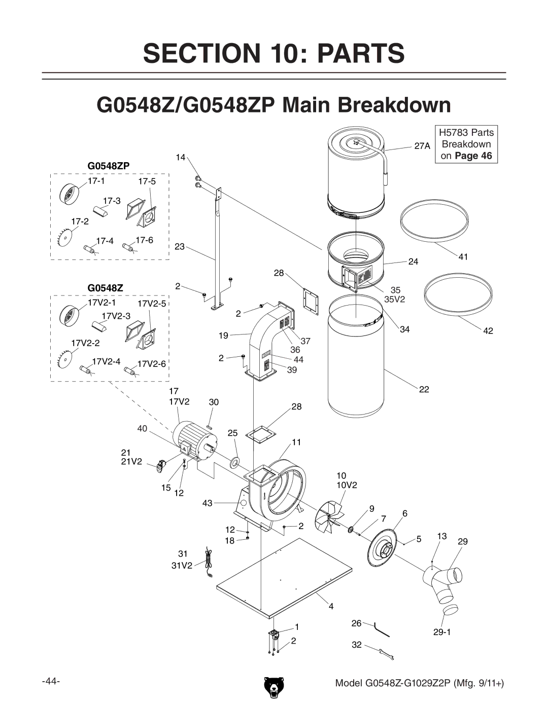 Grizzly G1029Z2P owner manual Parts, G0548Z/G0548ZP Main Breakdown, =*,-EVgih 7gZV`Ydlc dcPage 